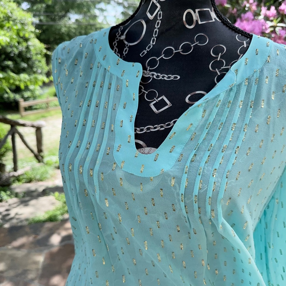 Lilly Pulitzer Elsa Silk Sheer Tunic Aqua Blue w Gold Metallic Clip Dots Size M‎ - Picture 6 of 9
